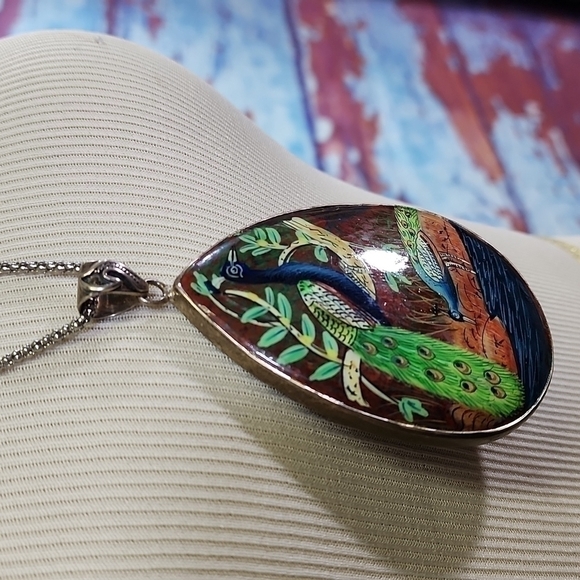 HAND-PAINTED Sterling Peacock Lg Pendant - Picture 2 of 8